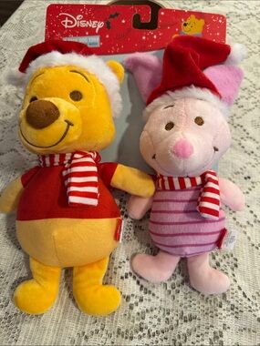 Disney Winnie the Pooh and Piglet Christmas Plush Dog Toy 2-Pack. squeakers NEW